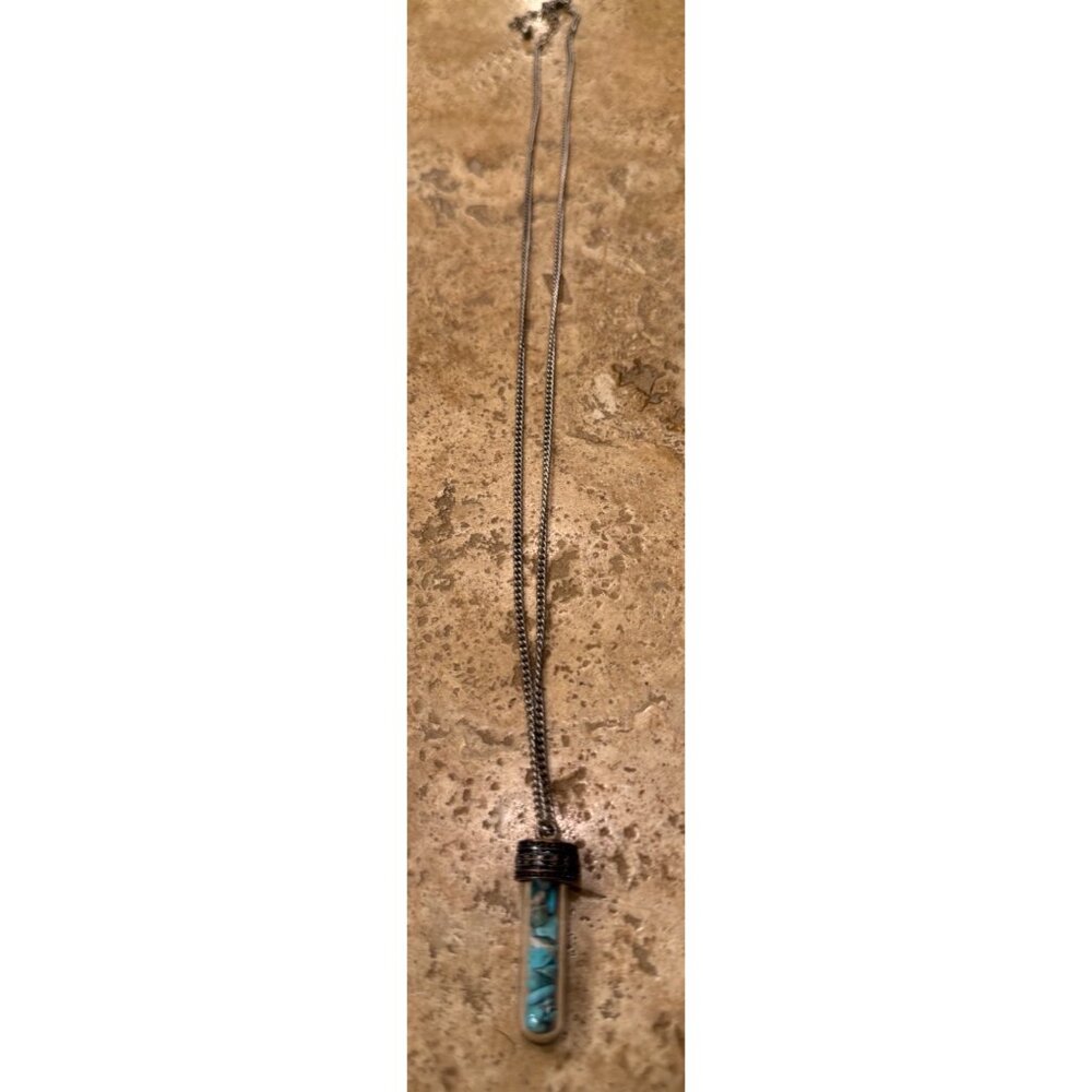 Miniature Glass Vial Necklace With Blue Turquoise Stones On Silver Chain